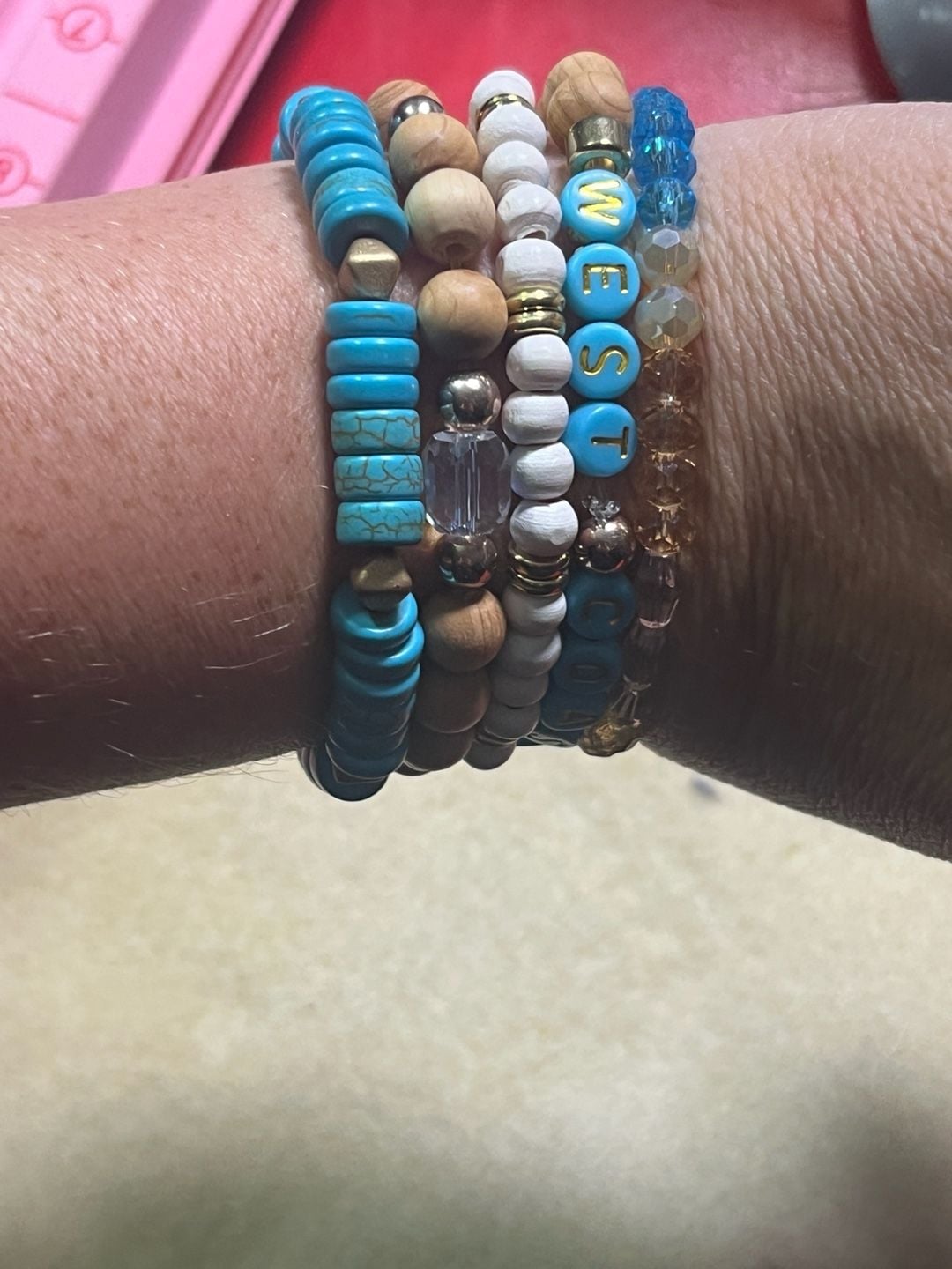 Reagan Inc. Boutique West Coast Beaded Bracelet Stack Turquoise Wood Crystals 7