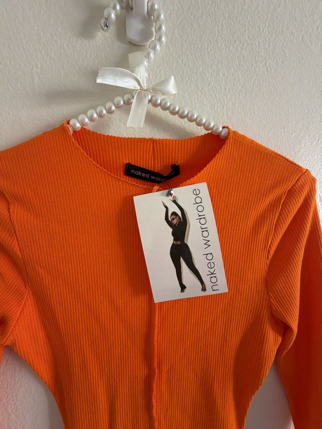 Naked Wardrobe Long Sleeve Ribbed Maxi Dress Orange NWT 2
