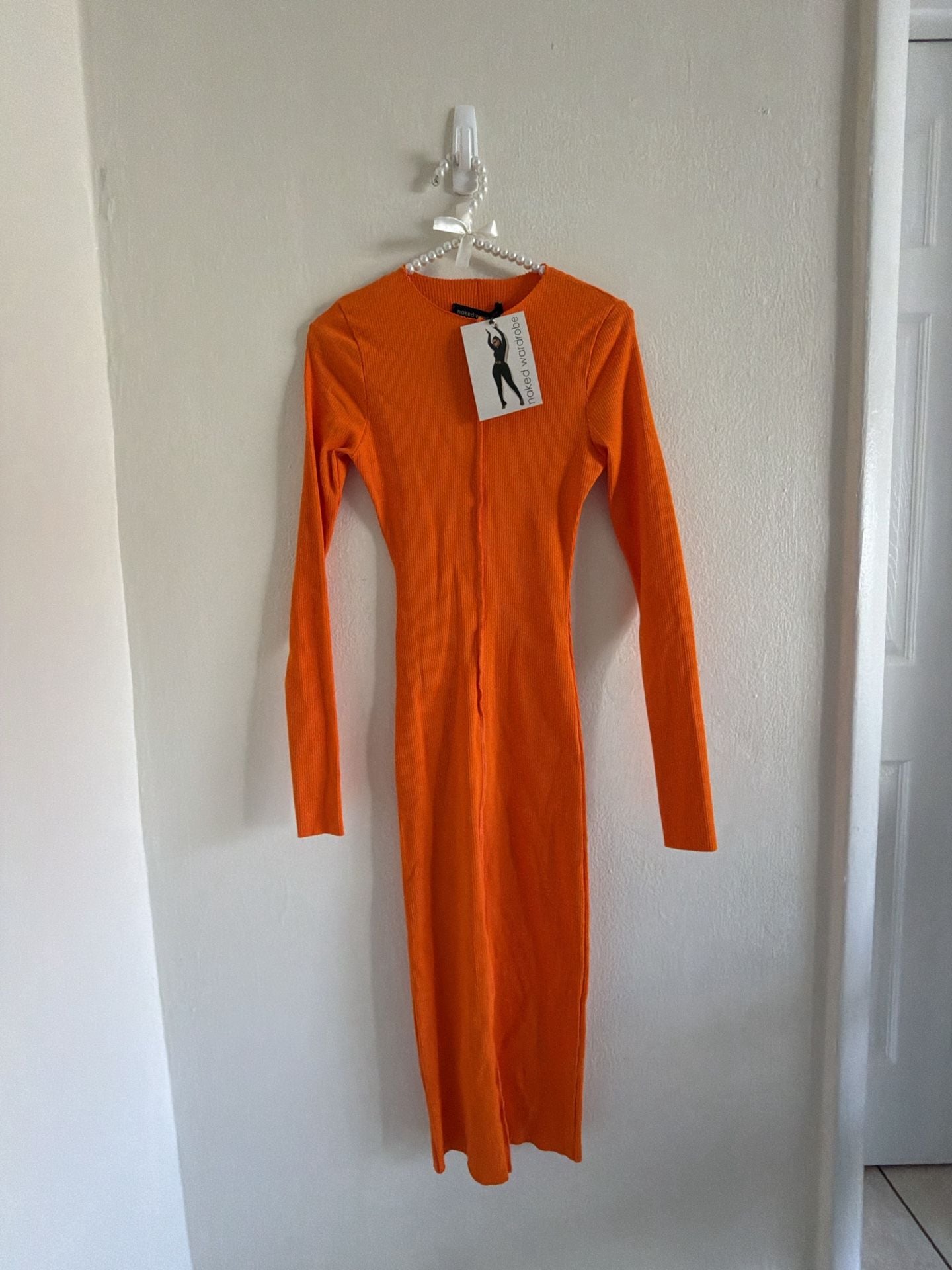 Naked Wardrobe Long Sleeve Ribbed Maxi Dress Orange NWT 1