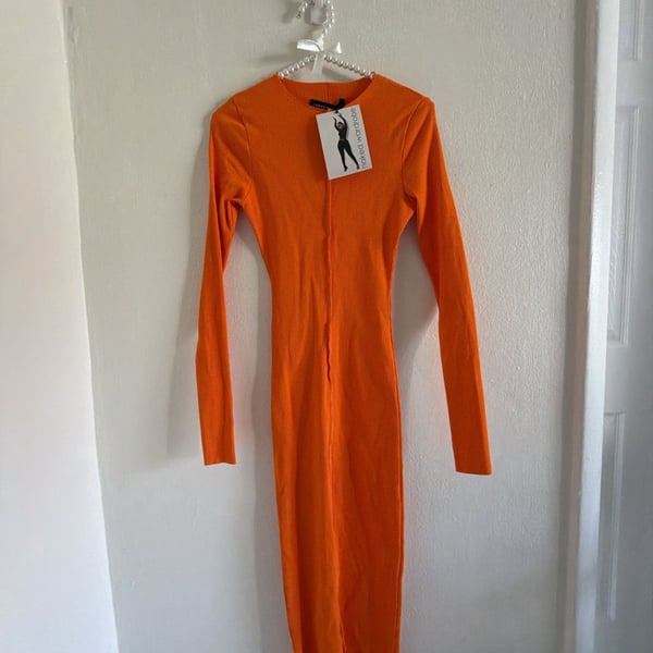 Naked Wardrobe Long Sleeve Ribbed Maxi Dress Orange NWT