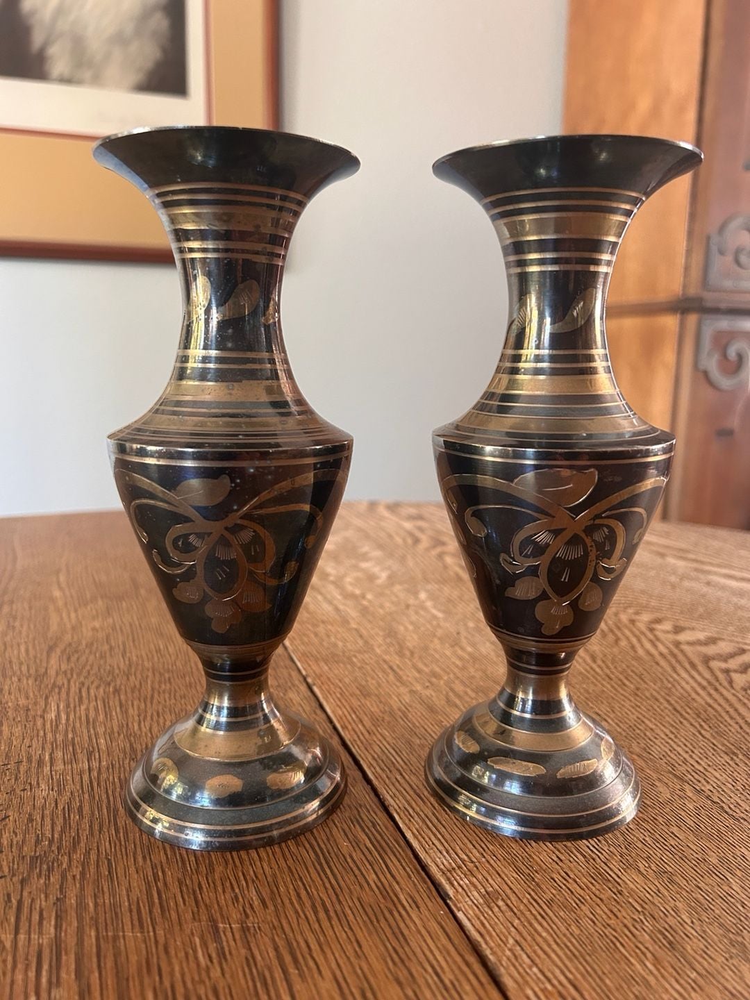 La Vie Etched Brass Bud Vases Pair Black And Gold Floral Design 1