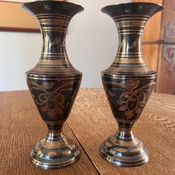 La Vie Etched Brass Bud Vases Pair Black And Gold Floral Design