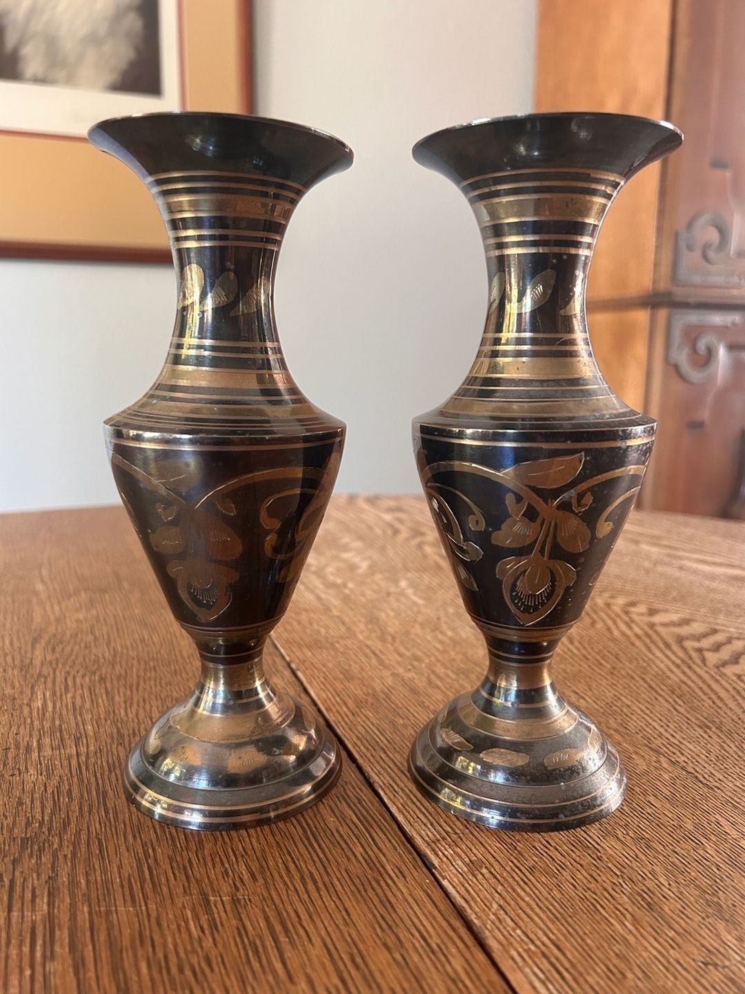 La Vie Etched Brass Bud Vases Pair Black And Gold Floral Design 2