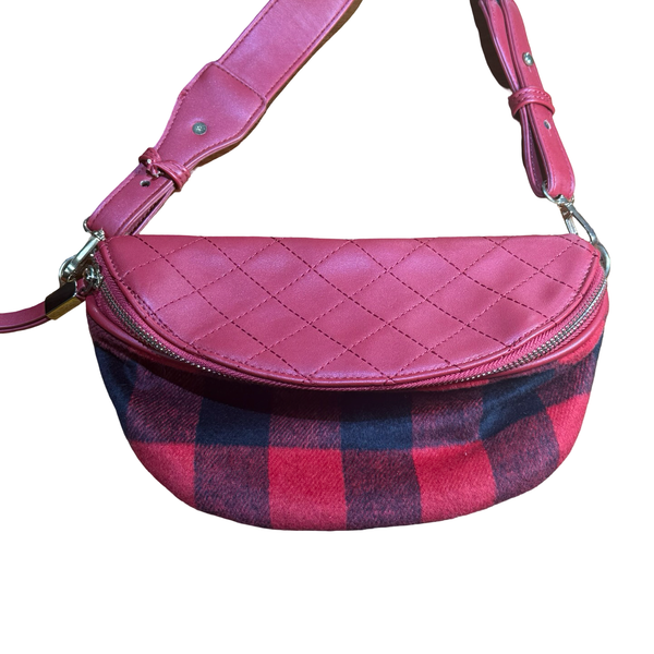 Unbranded Quilted Leather & Buffalo Plaid Crossbody Bum Bag Red Black