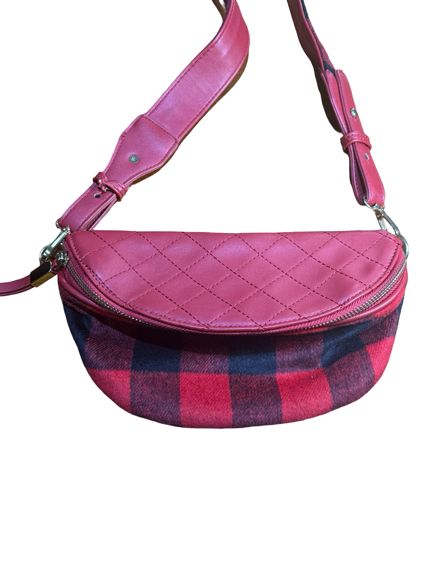 Unbranded Quilted Leather & Buffalo Plaid Crossbody Bum Bag Red Black 7