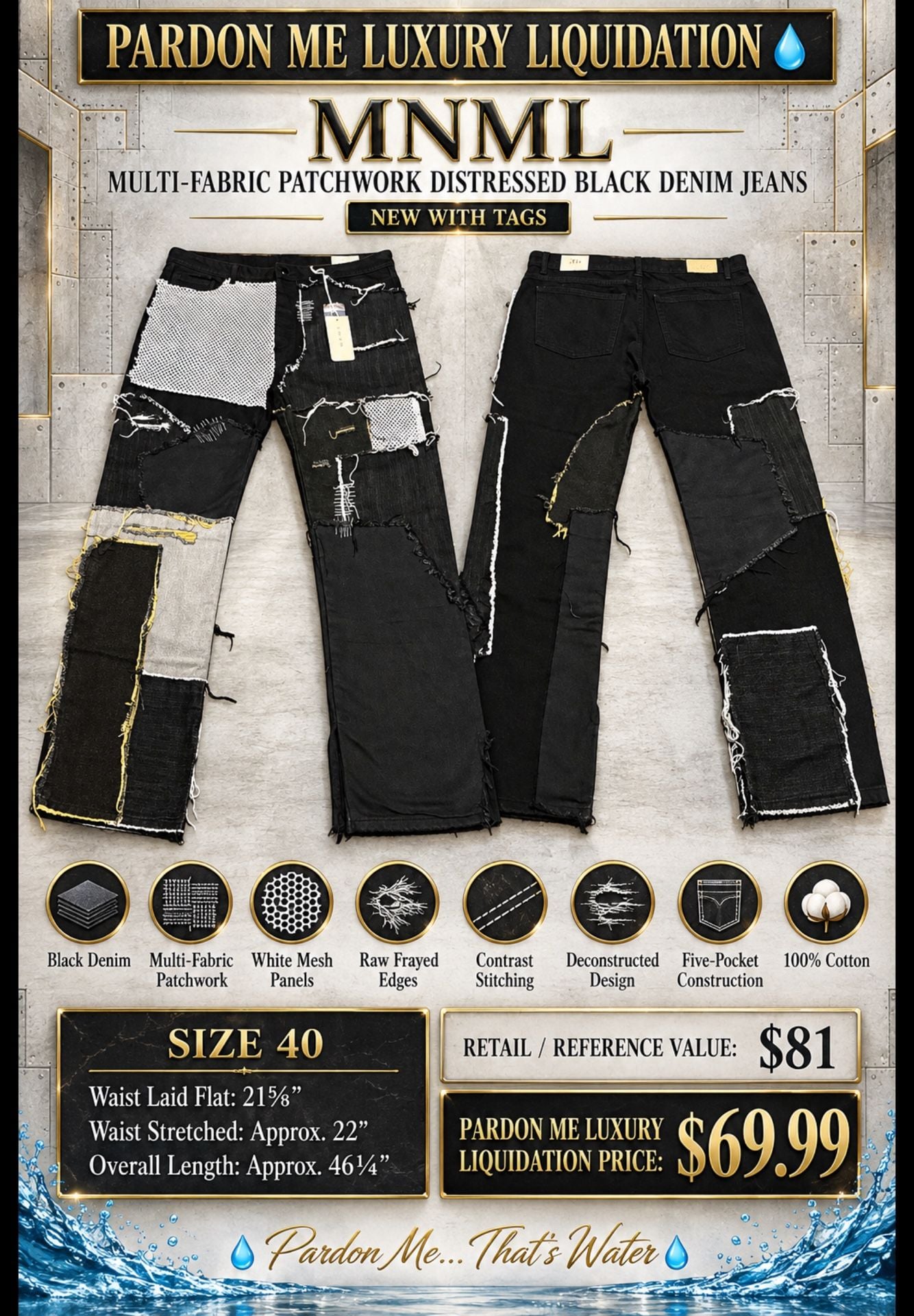 MNML Black Multi-Fabric Patchwork Distressed Denim Jeans 2