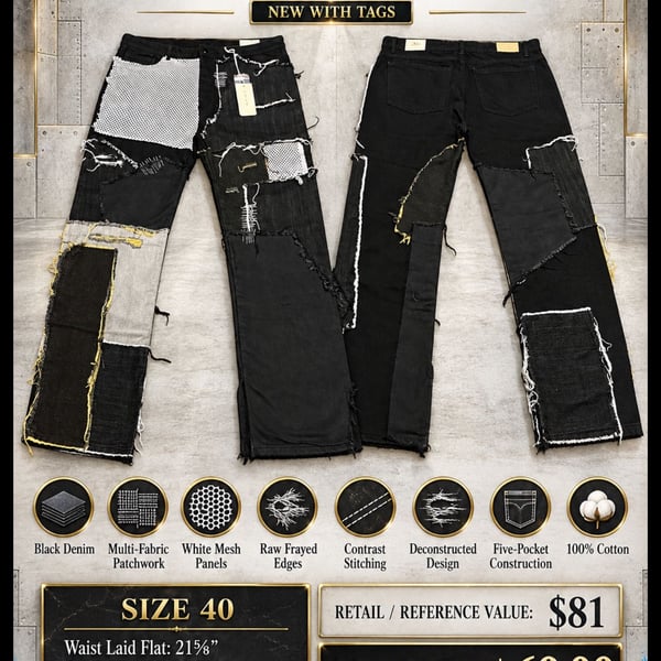 MNML Black Multi-Fabric Patchwork Distressed Denim Jeans