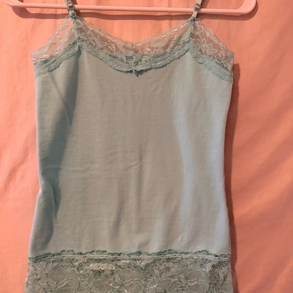 Vanity Essentials Camisole Size M Light Blue Lace Trim Y2K