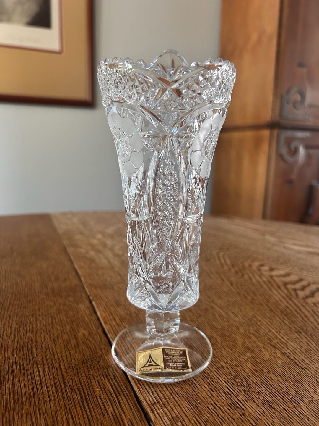 Anna Hutte Crystal Vase Footed Cut Glass Floral Sawtooth Edge Vintage 1