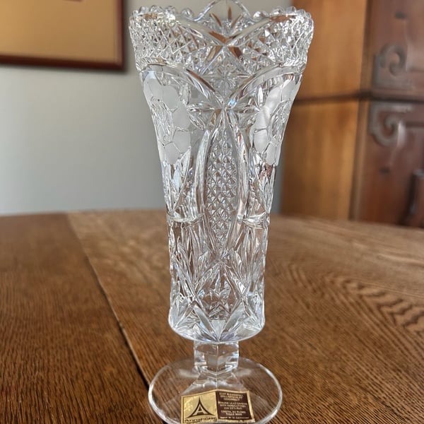 Anna Hutte Crystal Vase Footed Cut Glass Floral Sawtooth Edge Vintage