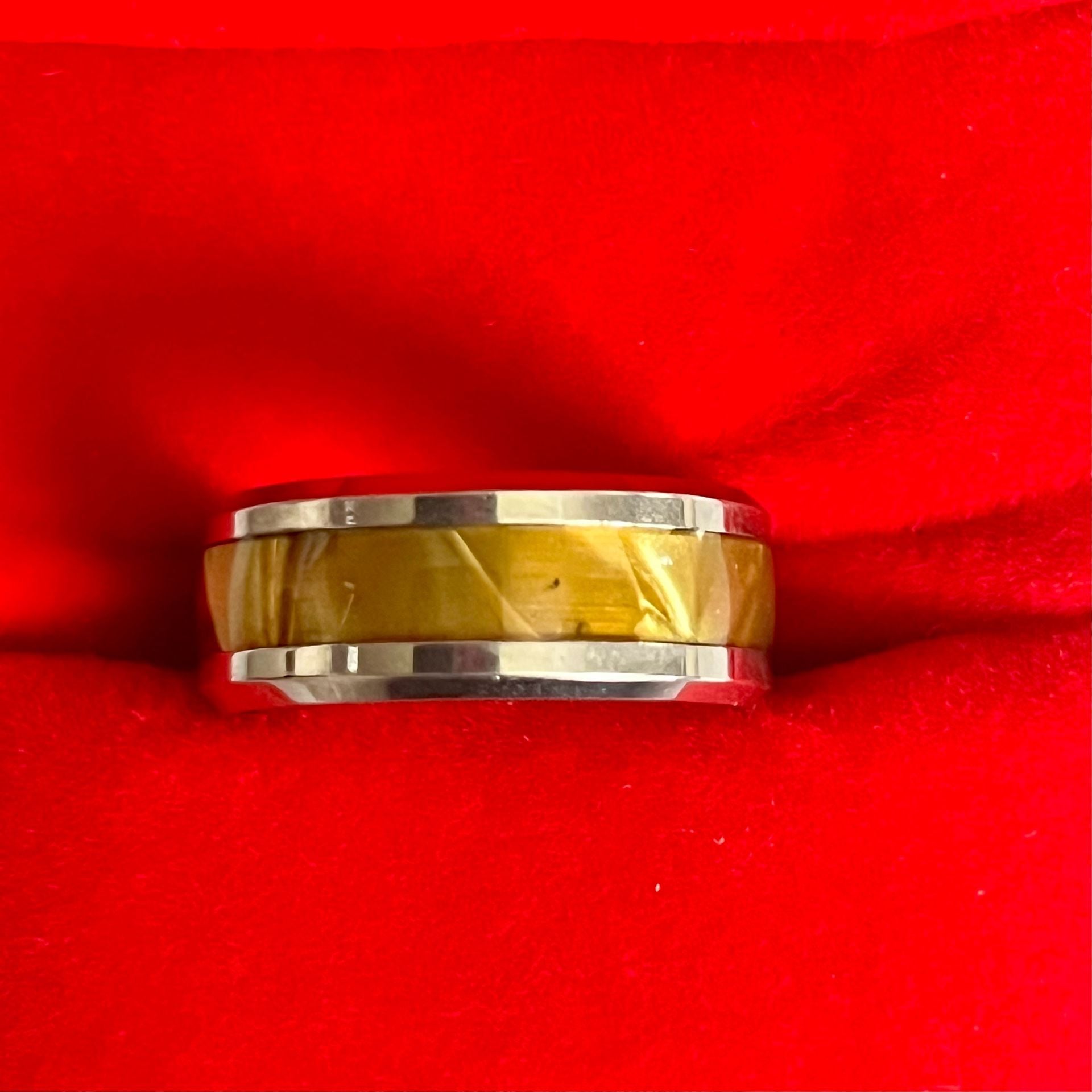 Tungsten Carbide Tiger Eye Inlay Beveled Edge 8mm Ring Size 6 4