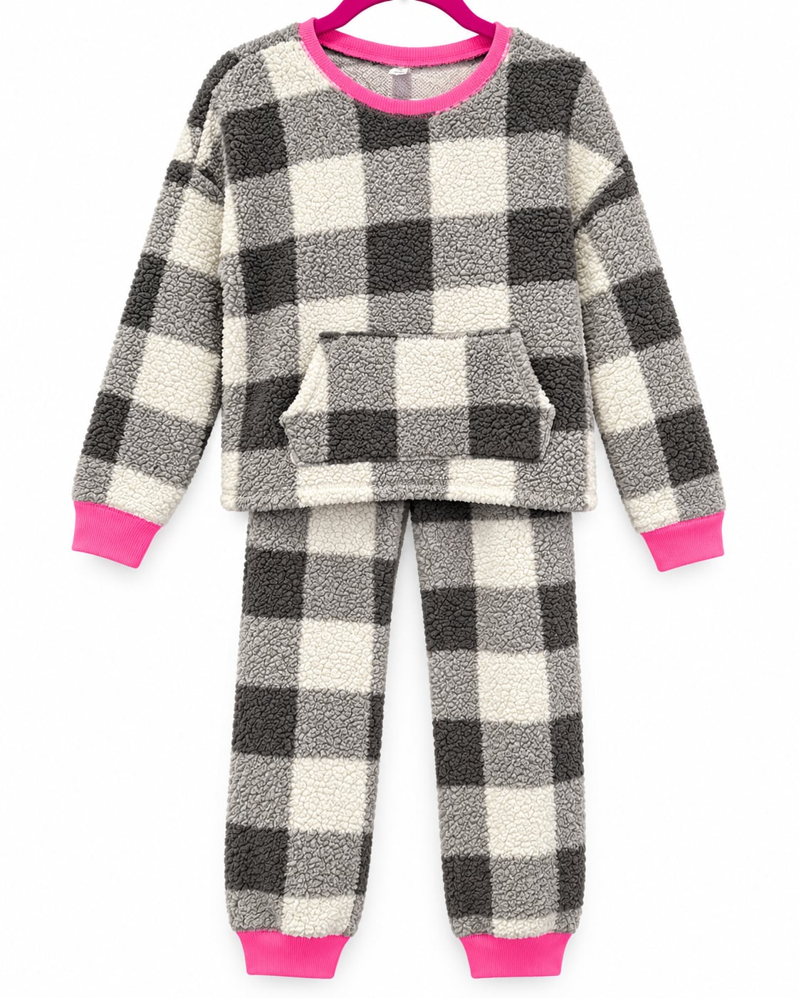Justice Sleep “Cozy Squad” Sherpa Pajama Set – Girls Size 12 – Gray Plaid & Pink 1