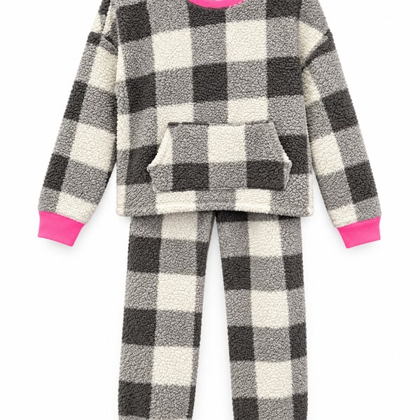 Justice Sleep “Cozy Squad” Sherpa Pajama Set – Girls Size 12 – Gray Plaid & Pink