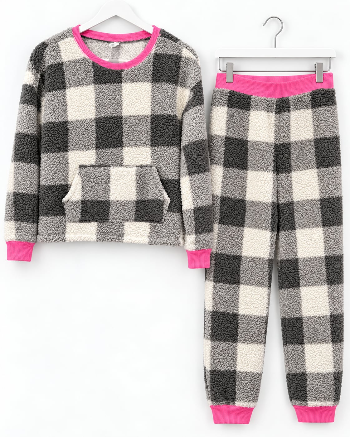 Justice Sleep “Cozy Squad” Sherpa Pajama Set – Girls Size 12 – Gray Plaid & Pink 4