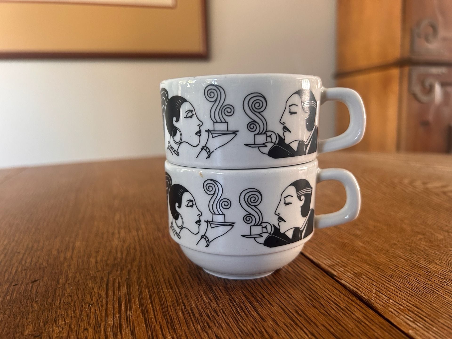 Vintage Art Deco Style Espresso Demitasse Cups Black White Cafe Scene Set of 2 1