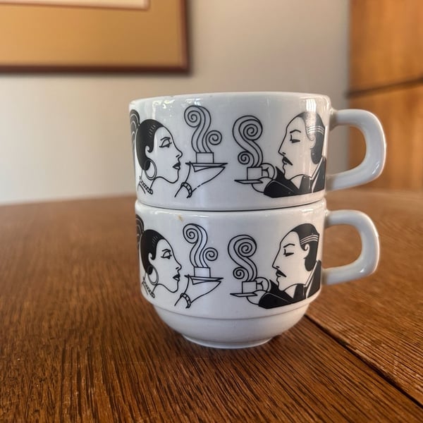 Vintage Art Deco Style Espresso Demitasse Cups Black White Cafe Scene Set of 2