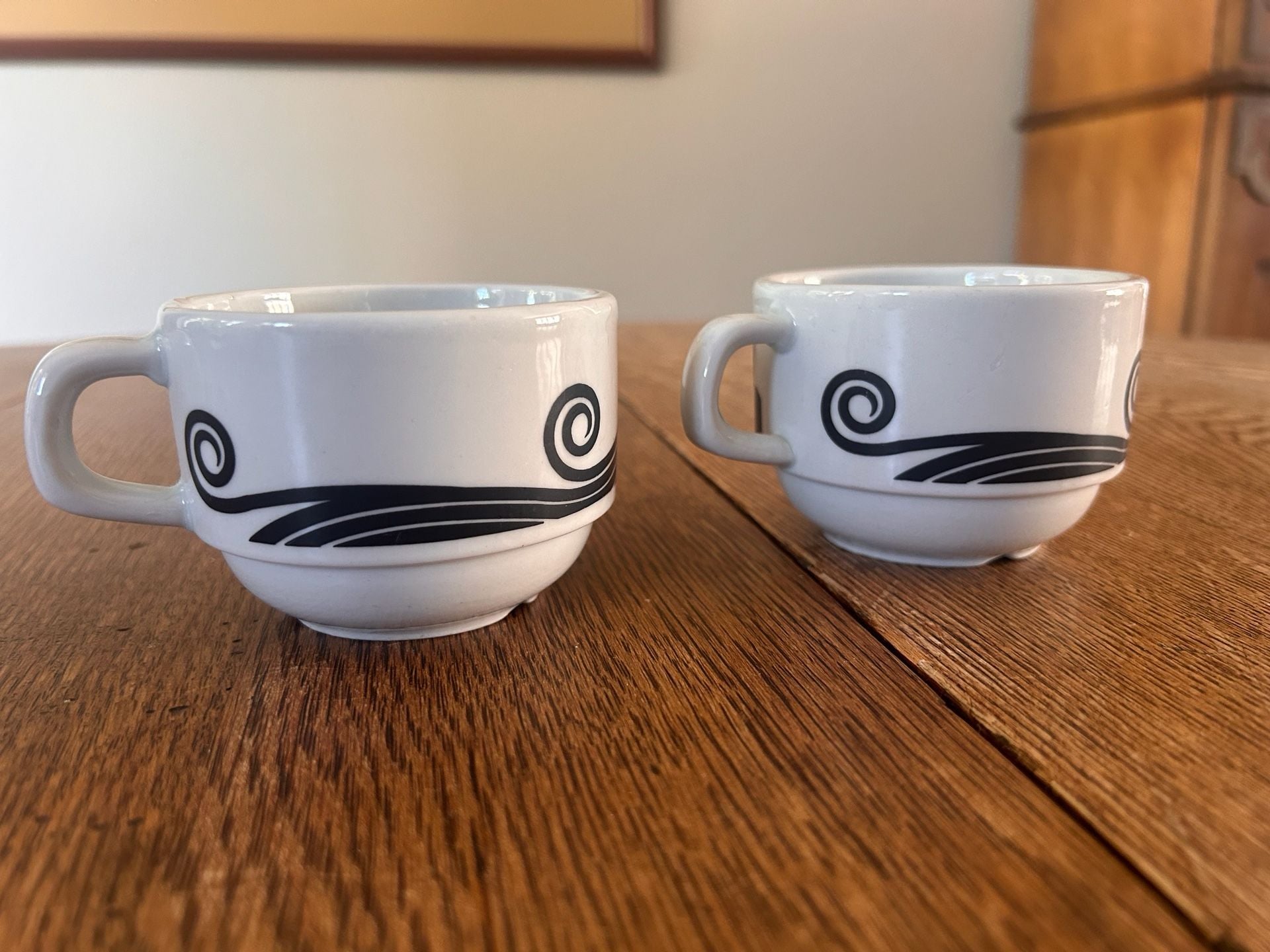 Vintage Art Deco Style Espresso Demitasse Cups Black White Cafe Scene Set of 2 2