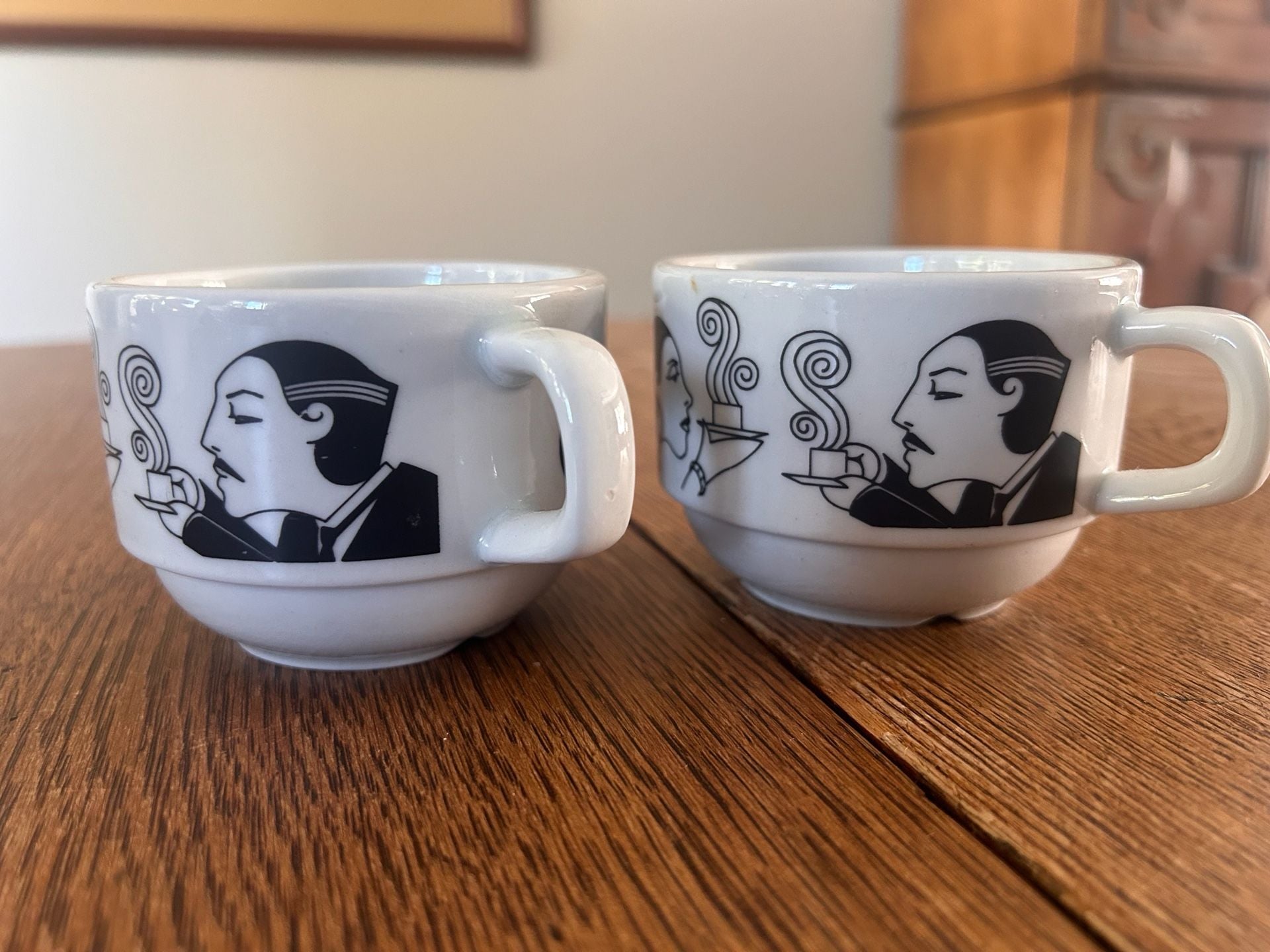 Vintage Art Deco Style Espresso Demitasse Cups Black White Cafe Scene Set of 2 5