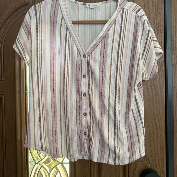Blue Mood Striped V-Neck Button-Down Blouse Pink White