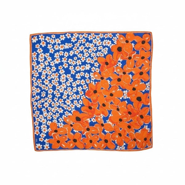 Vera Vintage Floral Scarf Blue Orange 45x45 Inches Large Square