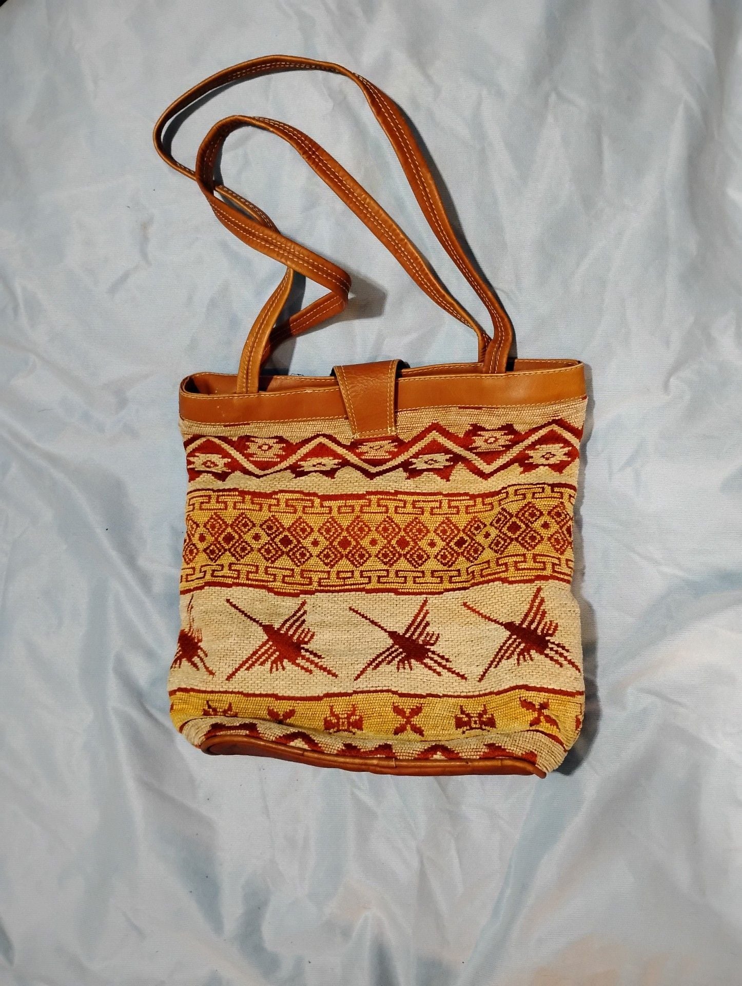 Vintage 1970s Woven Tapestry Boho Hippie Tote Bag Leather Trim 2