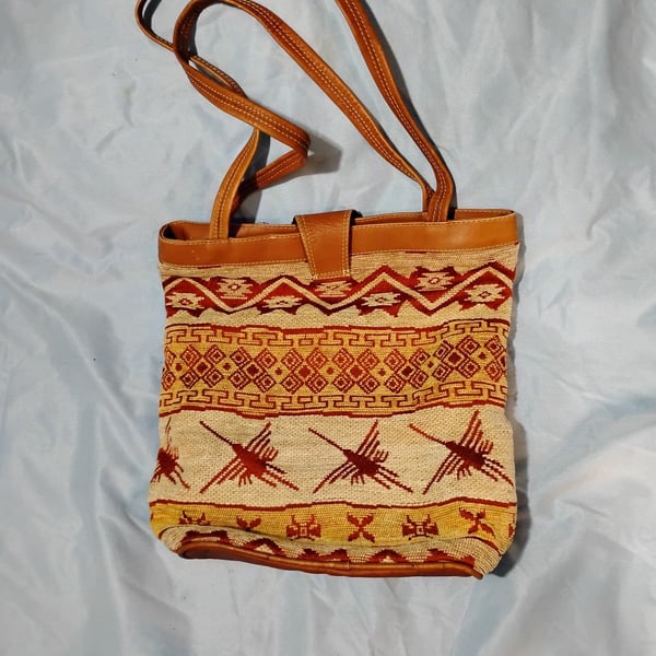 Vintage 1970s Woven Tapestry Boho Hippie Tote Bag Leather Trim