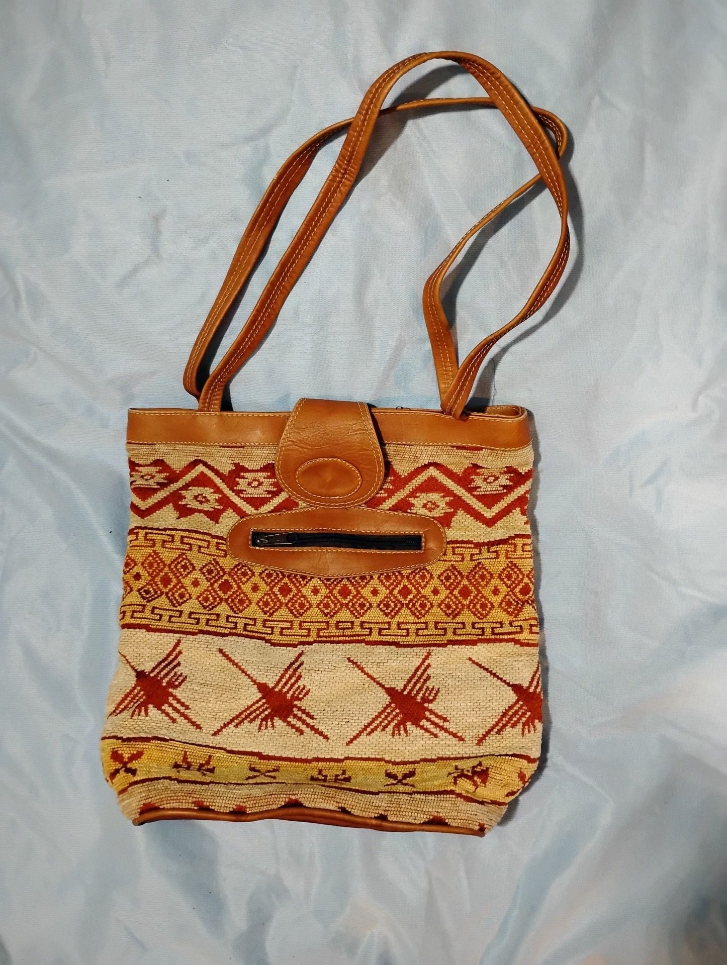Vintage 1970s Woven Tapestry Boho Hippie Tote Bag Leather Trim 3