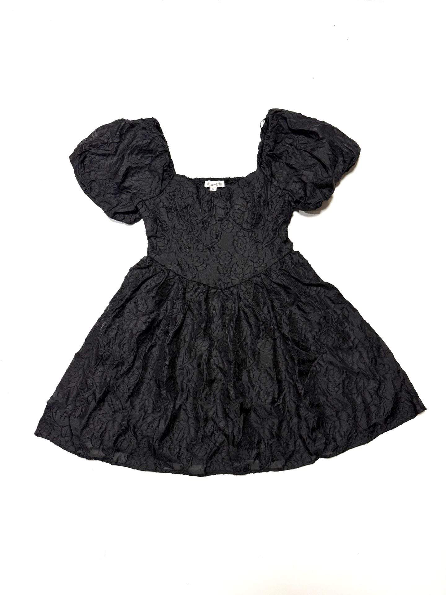 Allison + Kelly Women's Medium Babydoll Whimsigoth Coquette Cottage-Glam Balletcore Fairycore Black Rose Jacquard Puff Sleeve Mini Dress Corset Bustier Bodice Smocked Back NWT 2