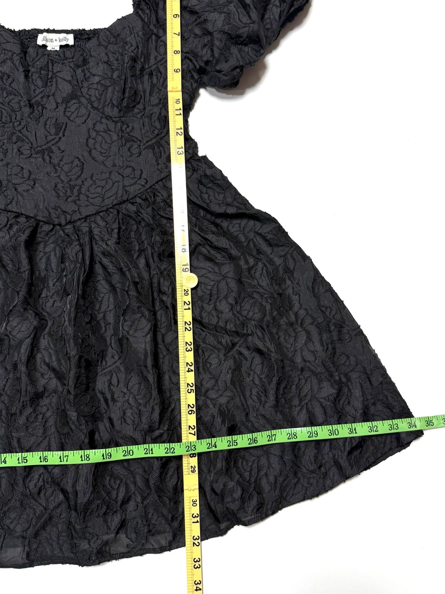 Allison + Kelly Women's Medium Babydoll Whimsigoth Coquette Cottage-Glam Balletcore Fairycore Black Rose Jacquard Puff Sleeve Mini Dress Corset Bustier Bodice Smocked Back NWT 3