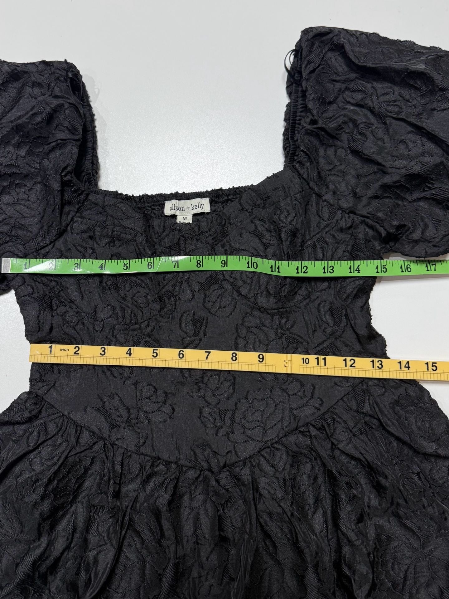 Allison + Kelly Women's Medium Babydoll Whimsigoth Coquette Cottage-Glam Balletcore Fairycore Black Rose Jacquard Puff Sleeve Mini Dress Corset Bustier Bodice Smocked Back NWT 4