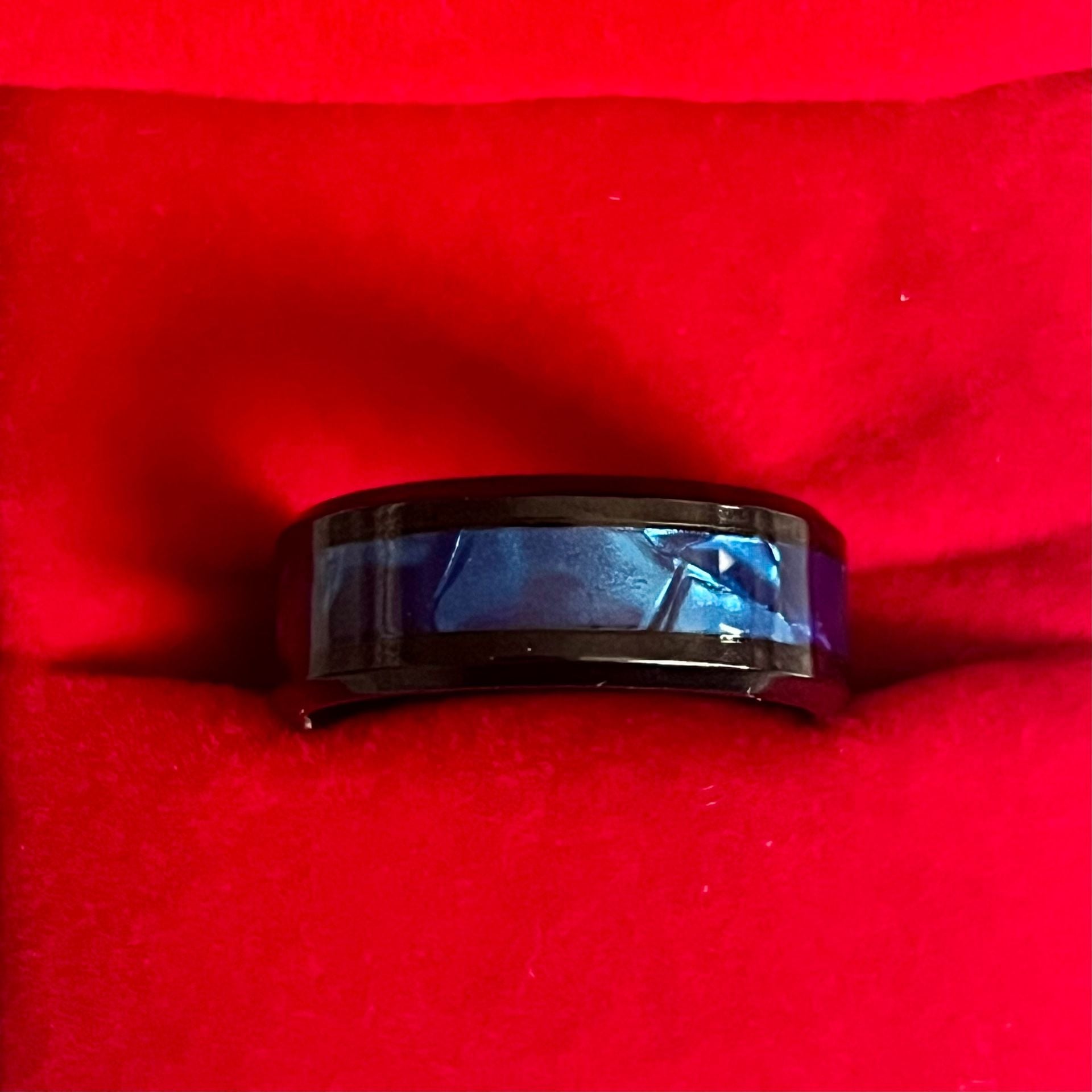 Black Tungsten Ring Blue Opal Inlay Beveled Edges 8mm Band Size 8 2