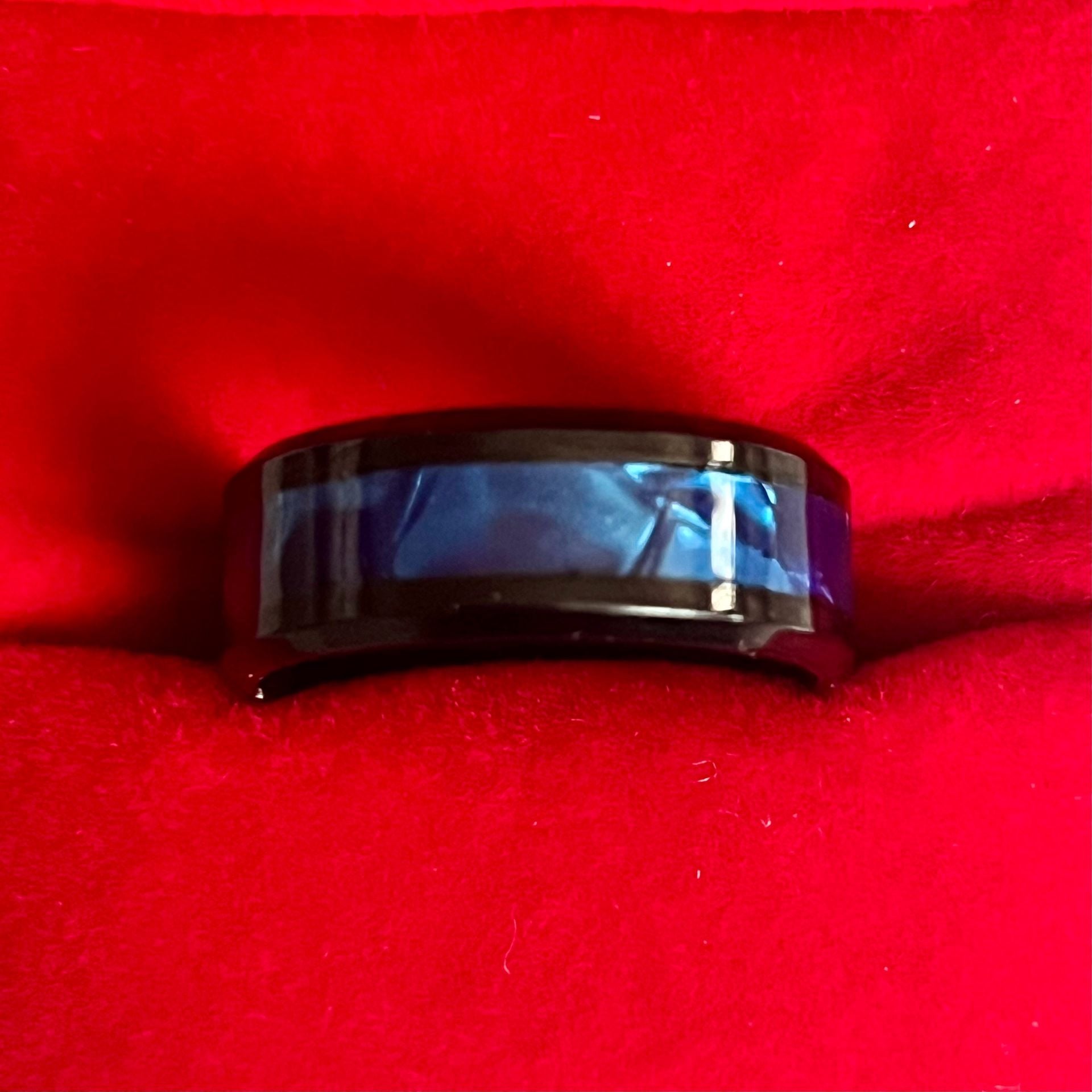 Black Tungsten Ring Blue Opal Inlay Beveled Edges 8mm Band Size 8 3