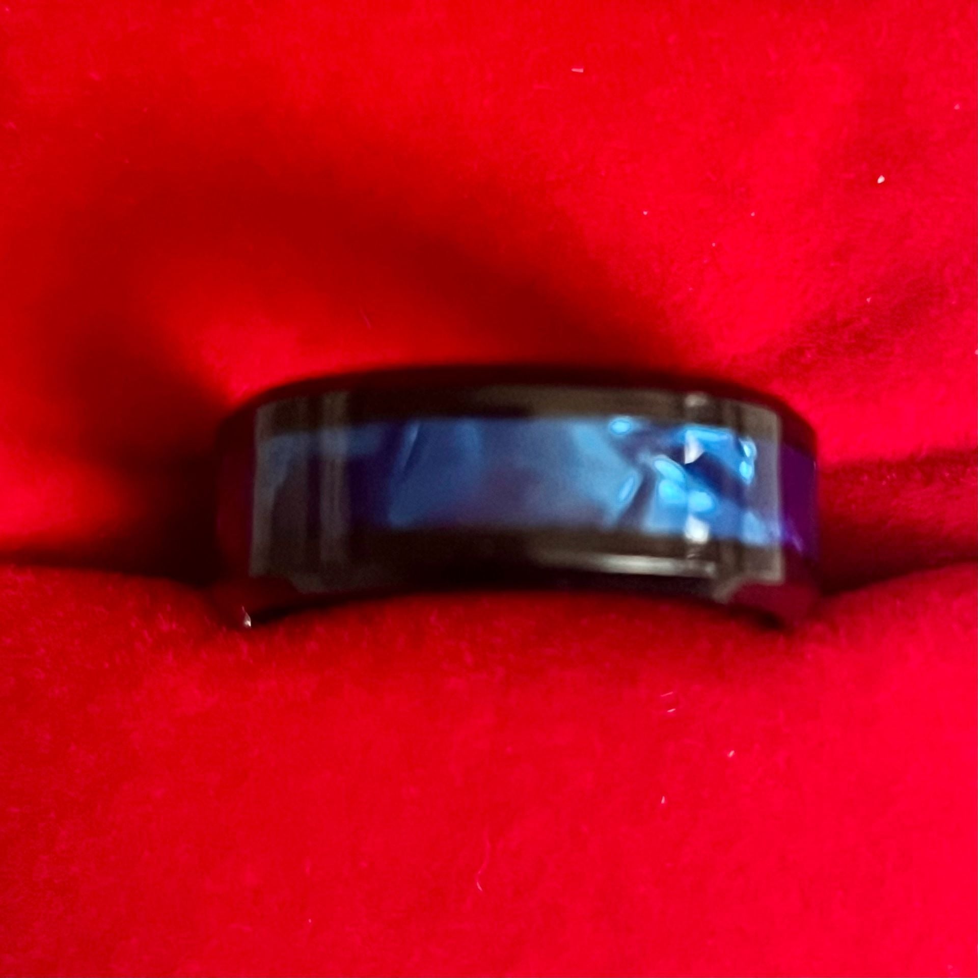 Black Tungsten Ring Blue Opal Inlay Beveled Edges 8mm Band Size 8 4