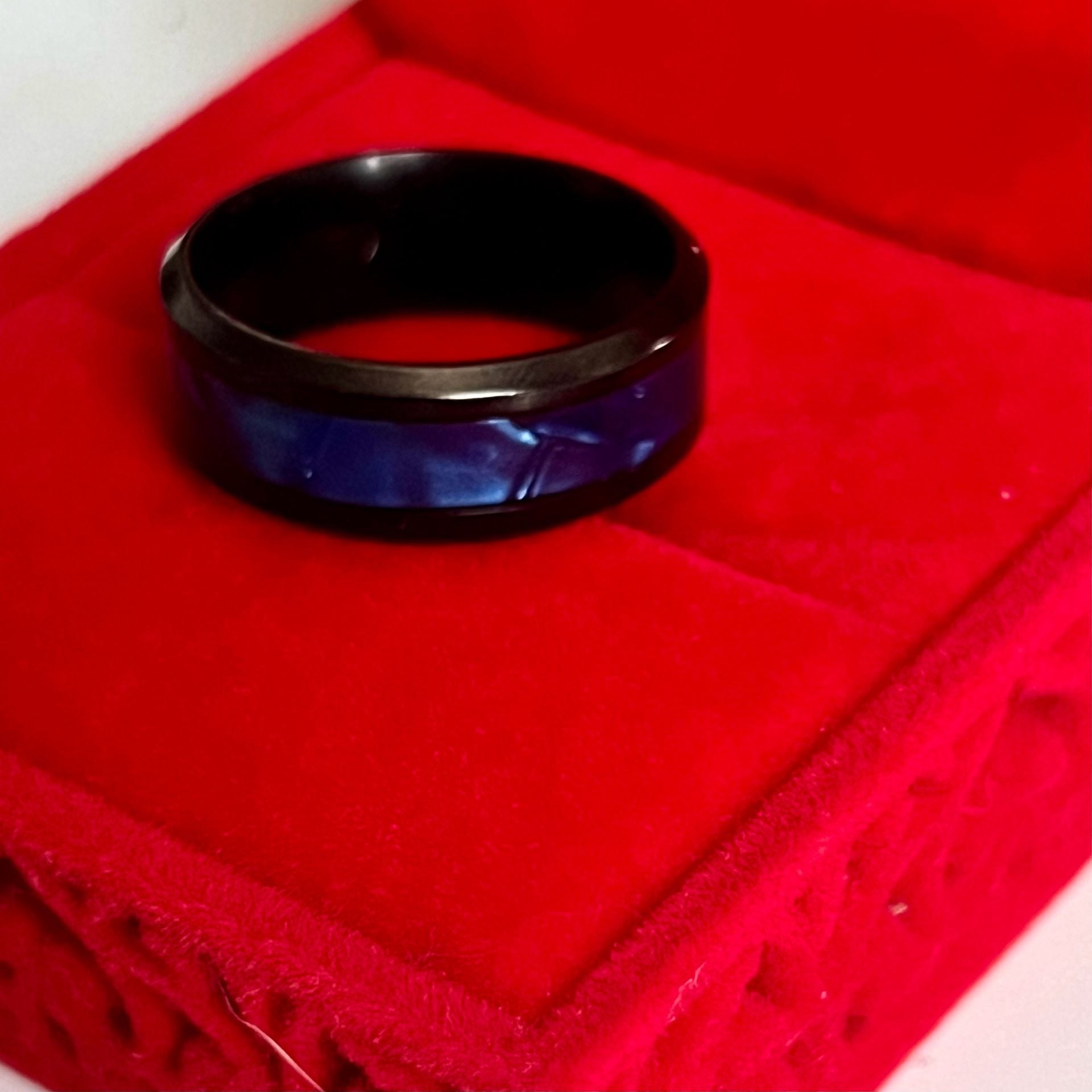 Black Tungsten Ring Blue Opal Inlay Beveled Edges 8mm Band Size 8 5