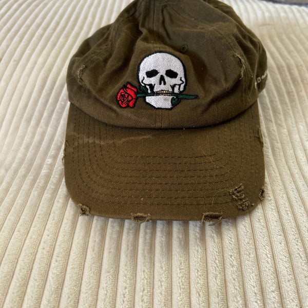 Field Grade Skull Rose Distressed Olive Green Dad Hat