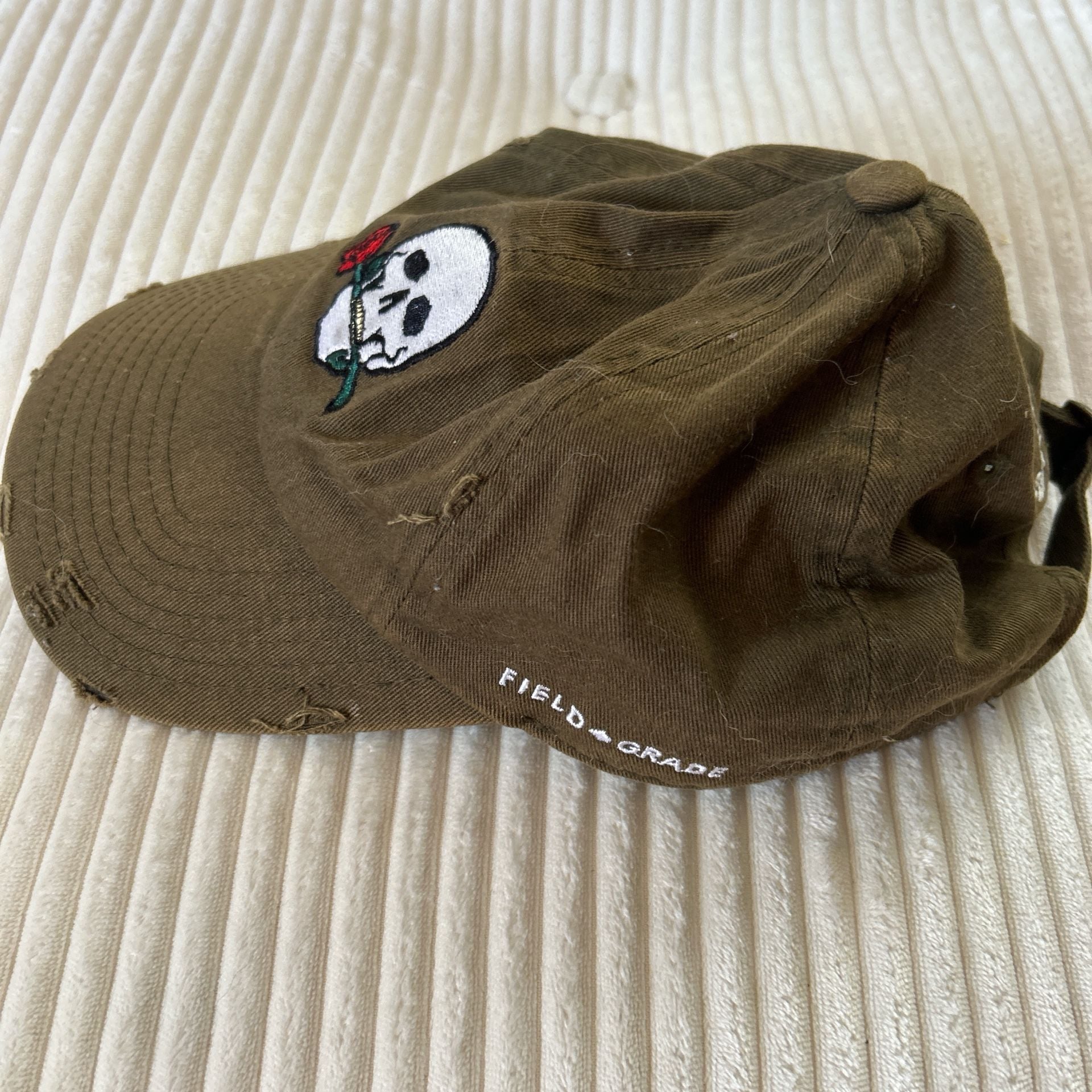Field Grade Skull Rose Distressed Olive Green Dad Hat 3