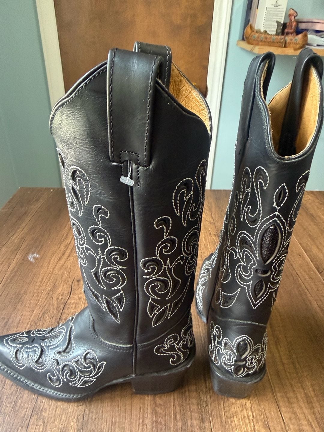 Minotauro Western Boots Size 5.5 Black Leather Embroidered Cowgirl Boots 12