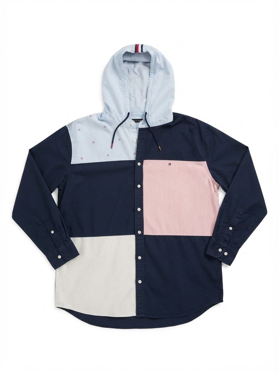 Vintage Tommy Hilfiger Patchwork Hooded Long Sleeve Button Down Shirt 2