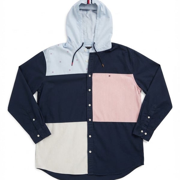 Vintage Tommy Hilfiger Patchwork Hooded Long Sleeve Button Down Shirt