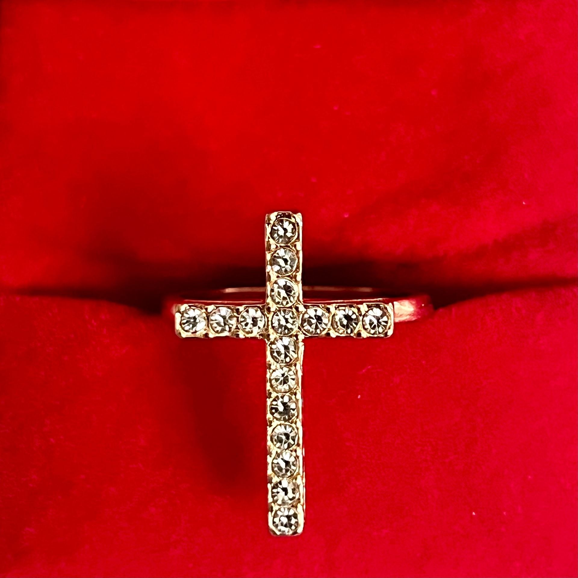 Gold Rhinestone Cross Ring Size 6 3