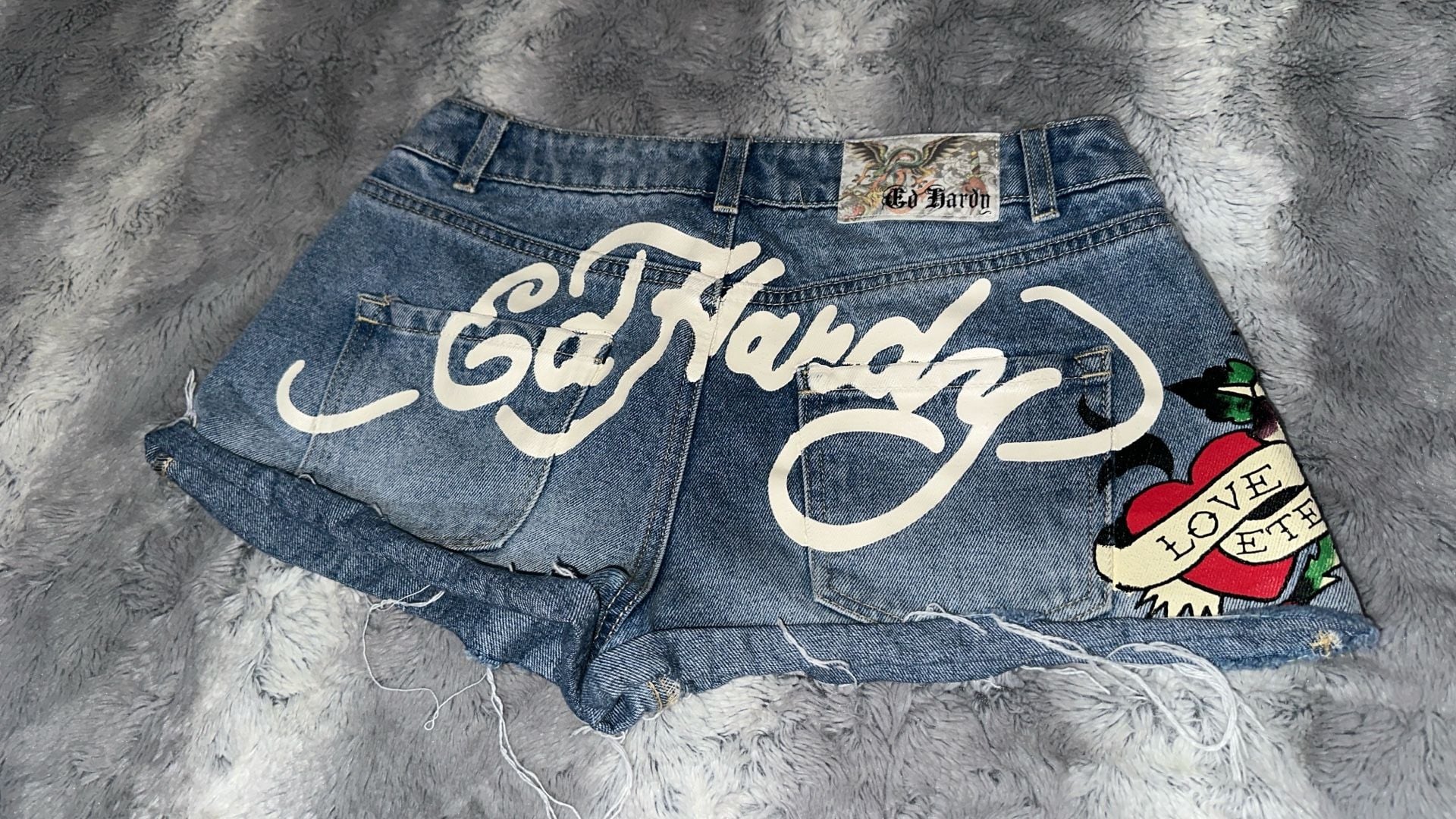 Ed Hardy Denim Shorts Size 26 Blue Love Eternal Tattoo Print Cut-Offs 2
