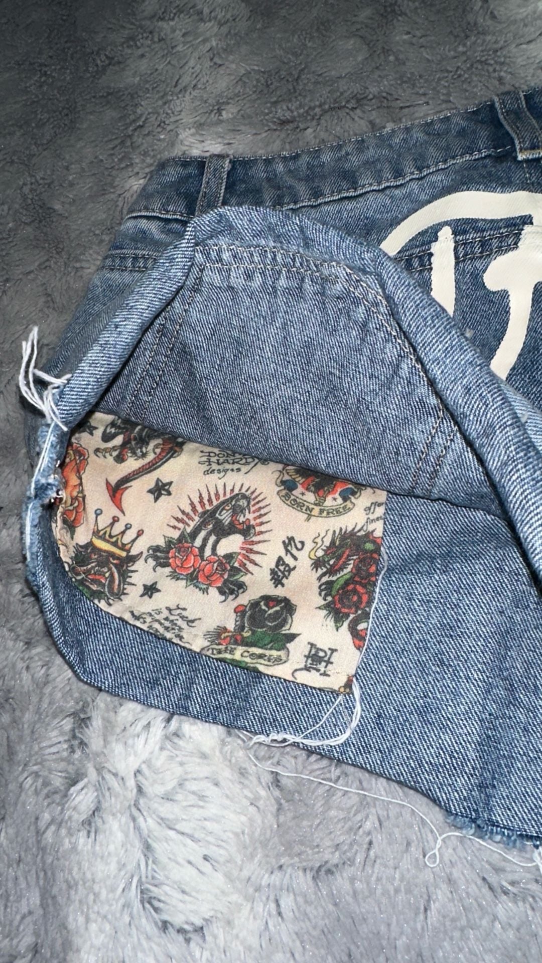 Ed Hardy Denim Shorts Size 26 Blue Love Eternal Tattoo Print Cut-Offs 5
