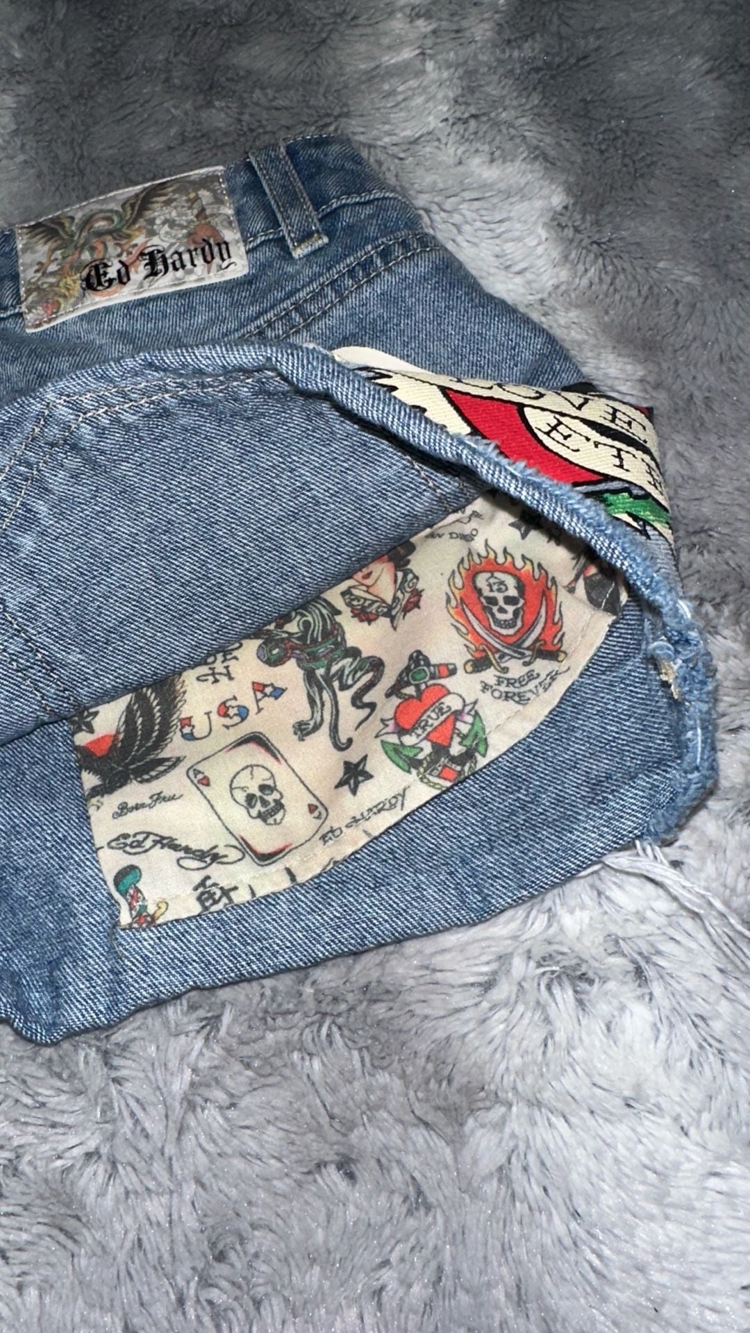 Ed Hardy Denim Shorts Size 26 Blue Love Eternal Tattoo Print Cut-Offs 6