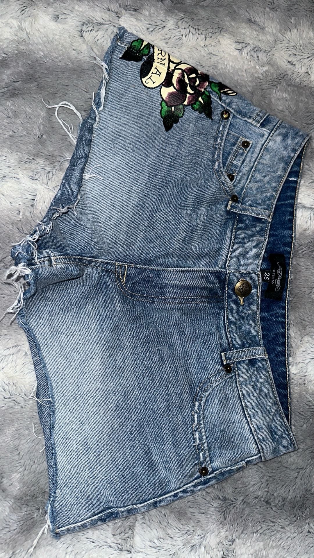 Ed Hardy Denim Shorts Size 26 Blue Love Eternal Tattoo Print Cut-Offs 3