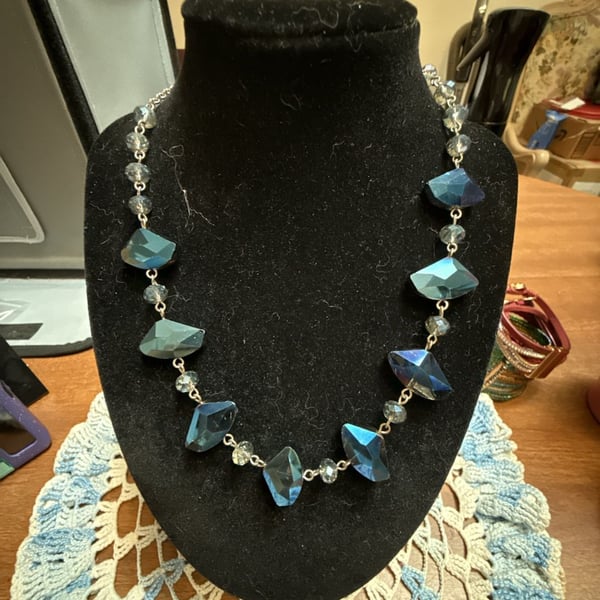Blue Crystal Silver Tone Faceted Statement Necklace