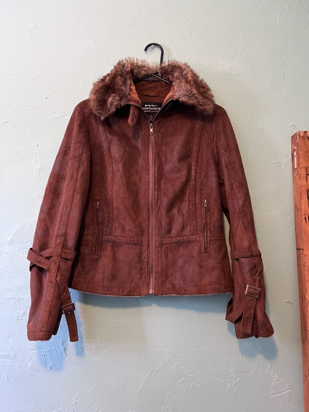 Montanaco Faux Suede Jacket Size M Brown Faux Fur 2