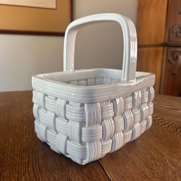 Vintage Italian Ceramic Woven Basket with Handle White