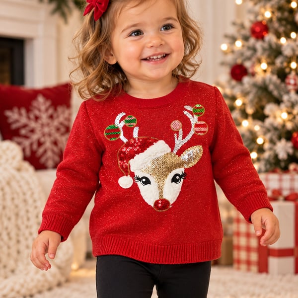 The Children’s Place 12-18M Red Christmas Reindeer Sequin Sweater
