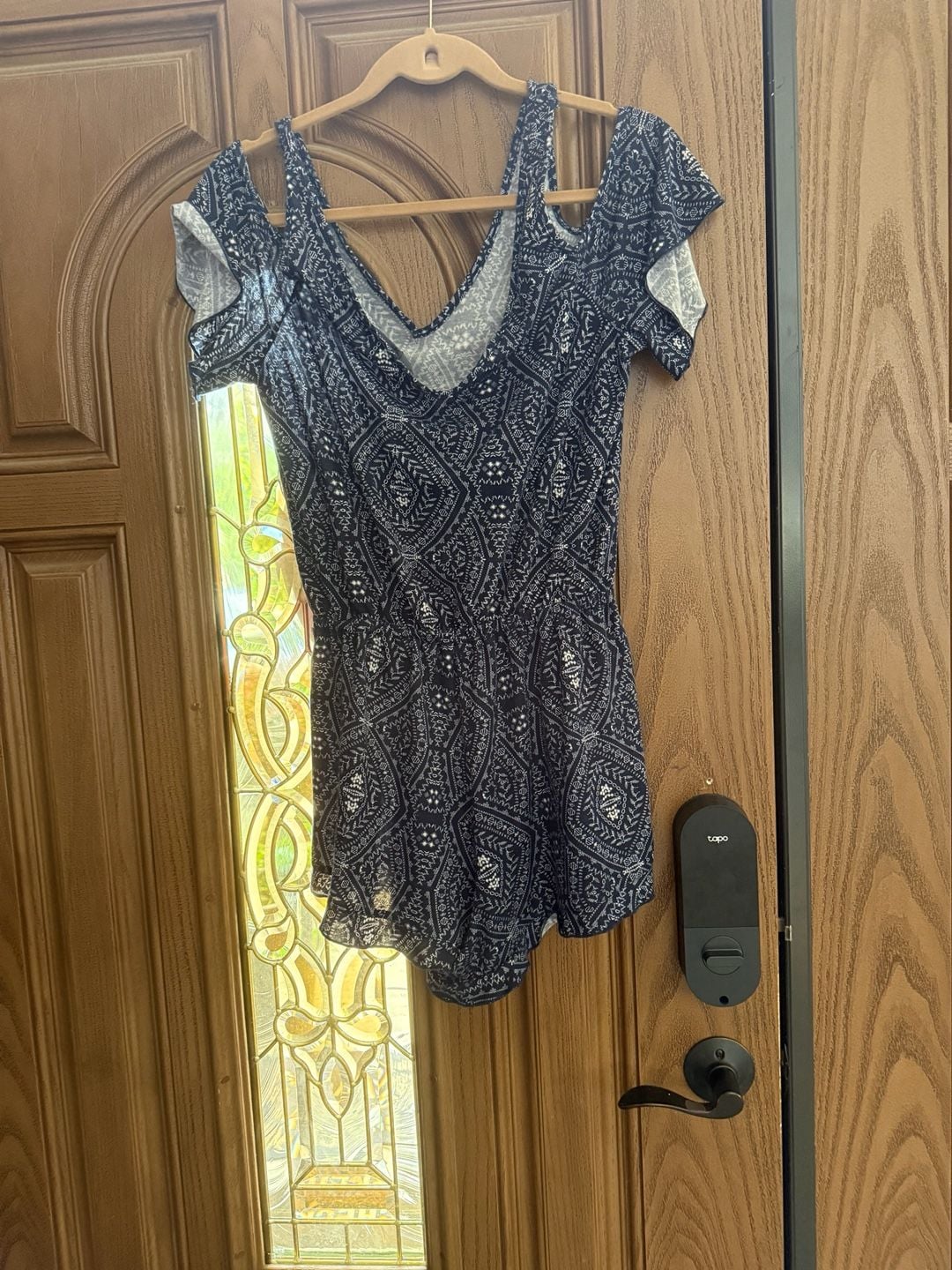 Derek Heart Cold Shoulder Printed Romper Blue White 2