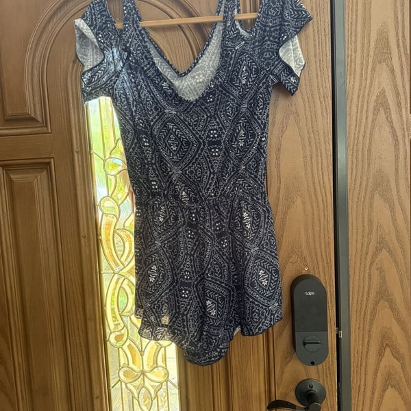 Derek Heart Cold Shoulder Printed Romper Blue White